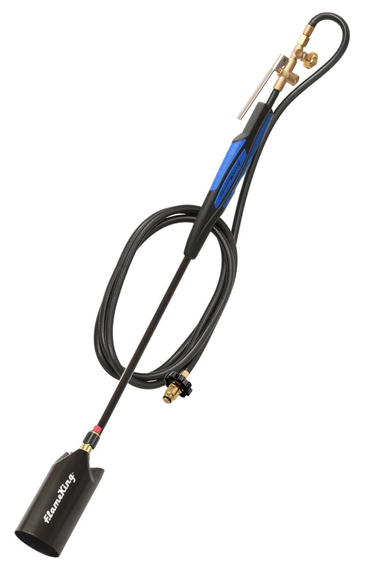 Heavy-duty Flame King propane weed burner with 500,000 BTU, push button piezo ignitor, and a metal nozzle for outdoor weed clearing.