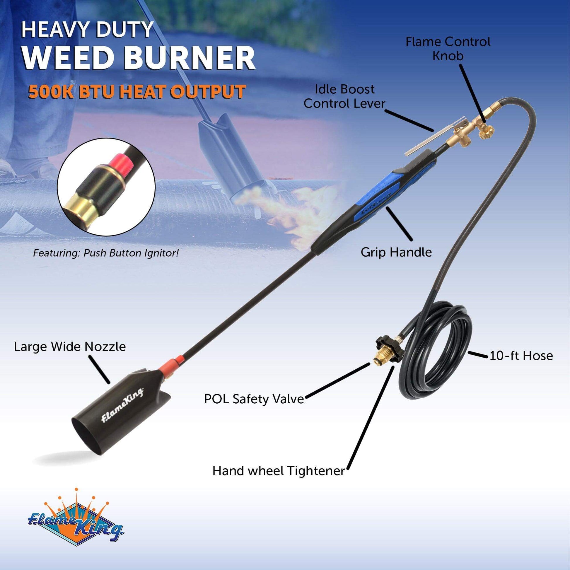 Heavy-duty Flame King propane weed burner torch with push button ignitor and 500,000 BTU for outdoor weed control.