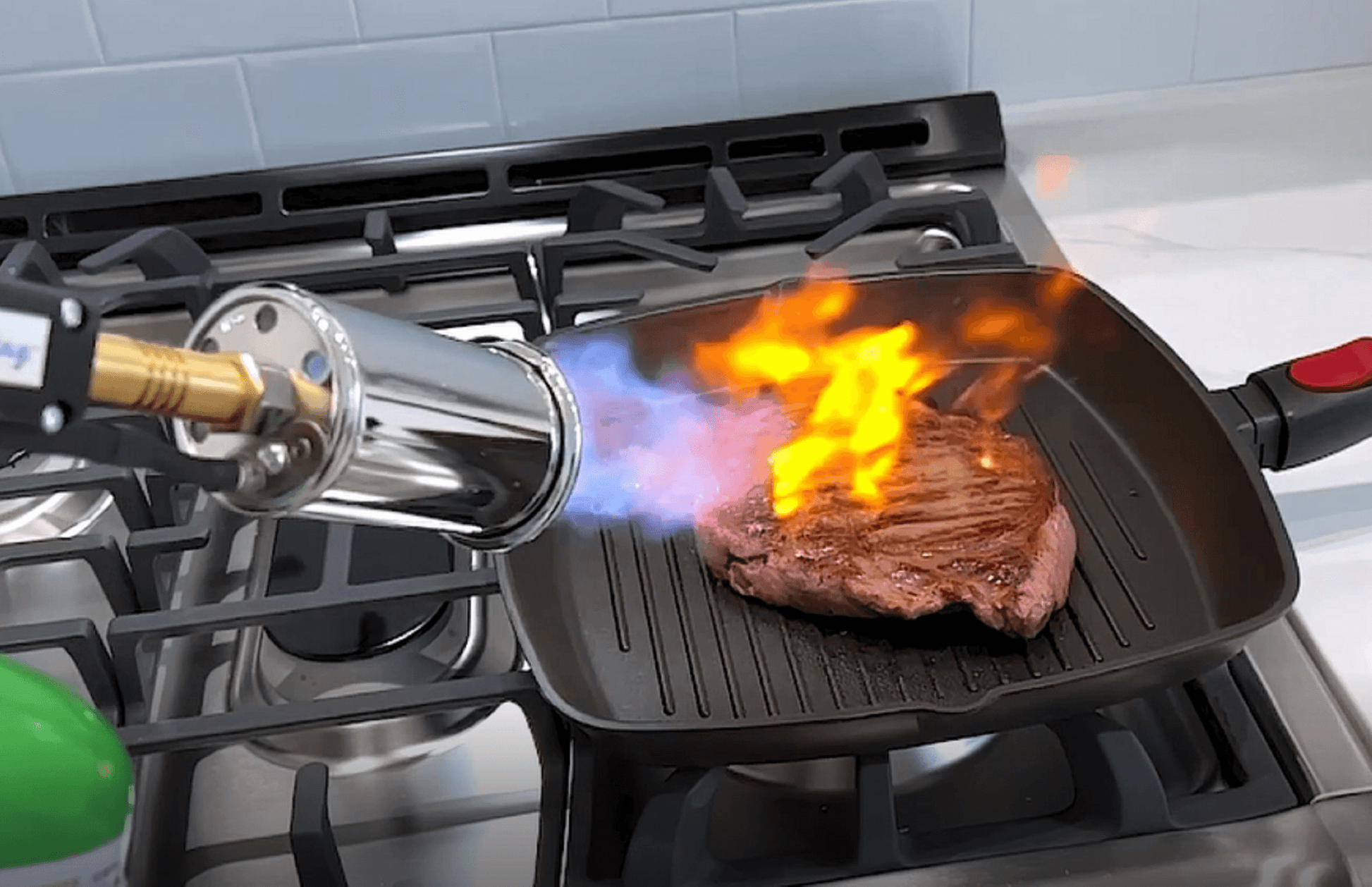 Flame King high-intensity propane searing torch with electric start and comfort handle, used for cooking and weed burning.