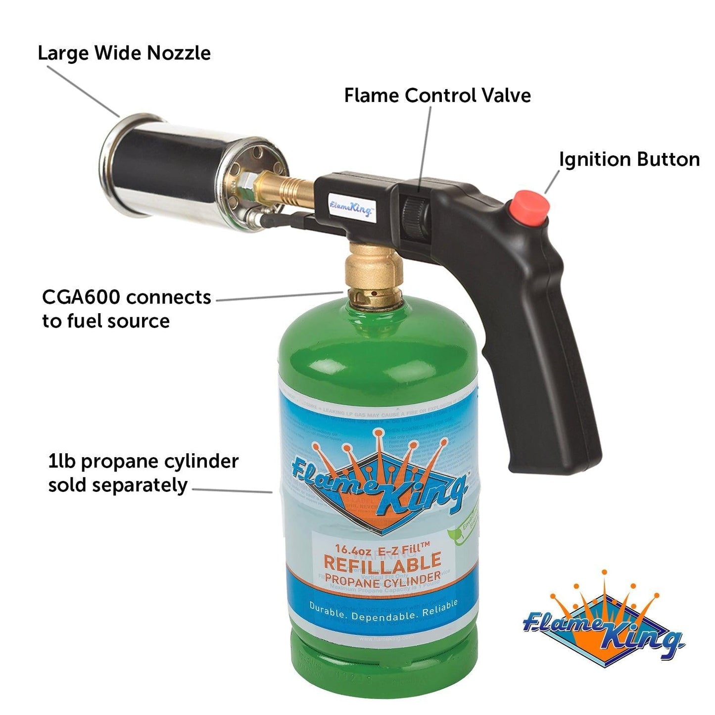 Flame King high-intensity propane cooking searing torch with electric start and comfort handle, used for grilling and searing.
