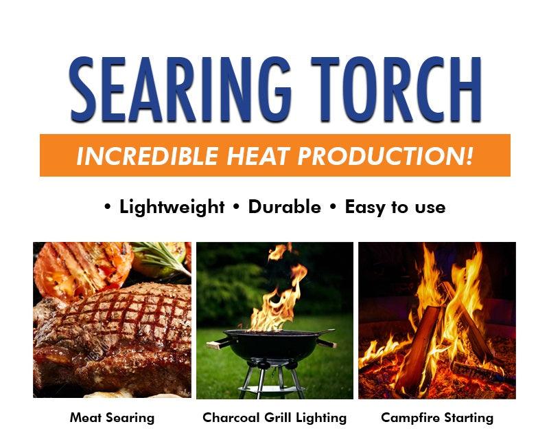 Flame King high-intensity propane searing torch with electric start and comfort handle, used for cooking and searing tasks.
