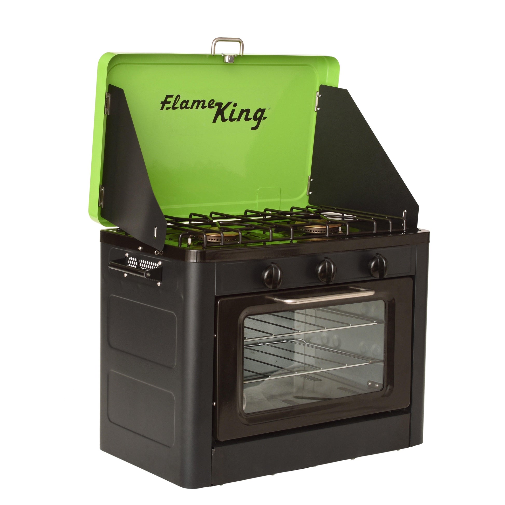 Portable Flame King camping oven and stove combo with compact design, black finish, and adjustable control knobs for outdoor cooking.