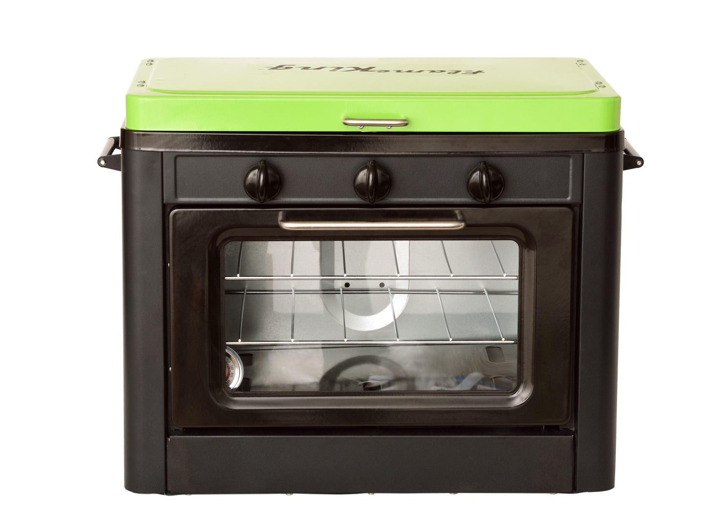 Portable Flame King camping oven and stove combo with compact design, ideal for outdoor cooking and camping adventures.