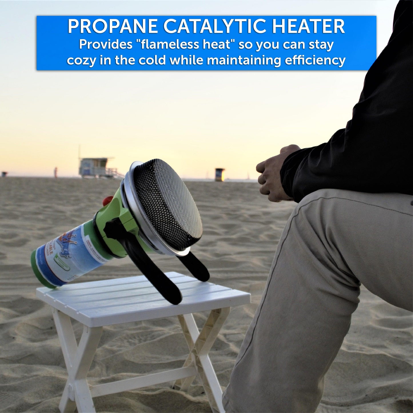 Flame King portable propane outdoor heater with piezo electric start, ideal for camping and outdoor heating.