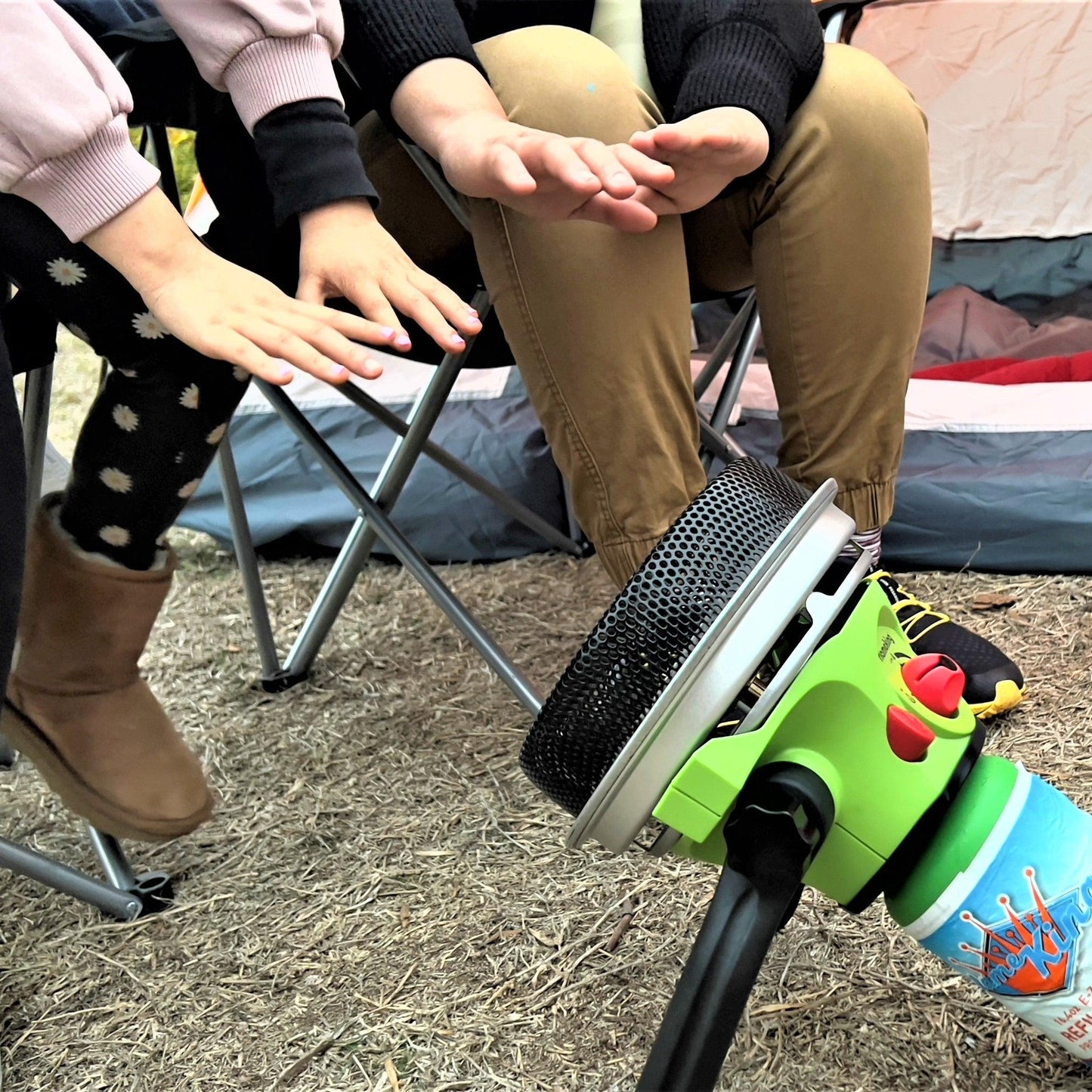 Portable Flame King propane outdoor camping heater with piezo electric start, compact design, and safety features for outdoor warmth.