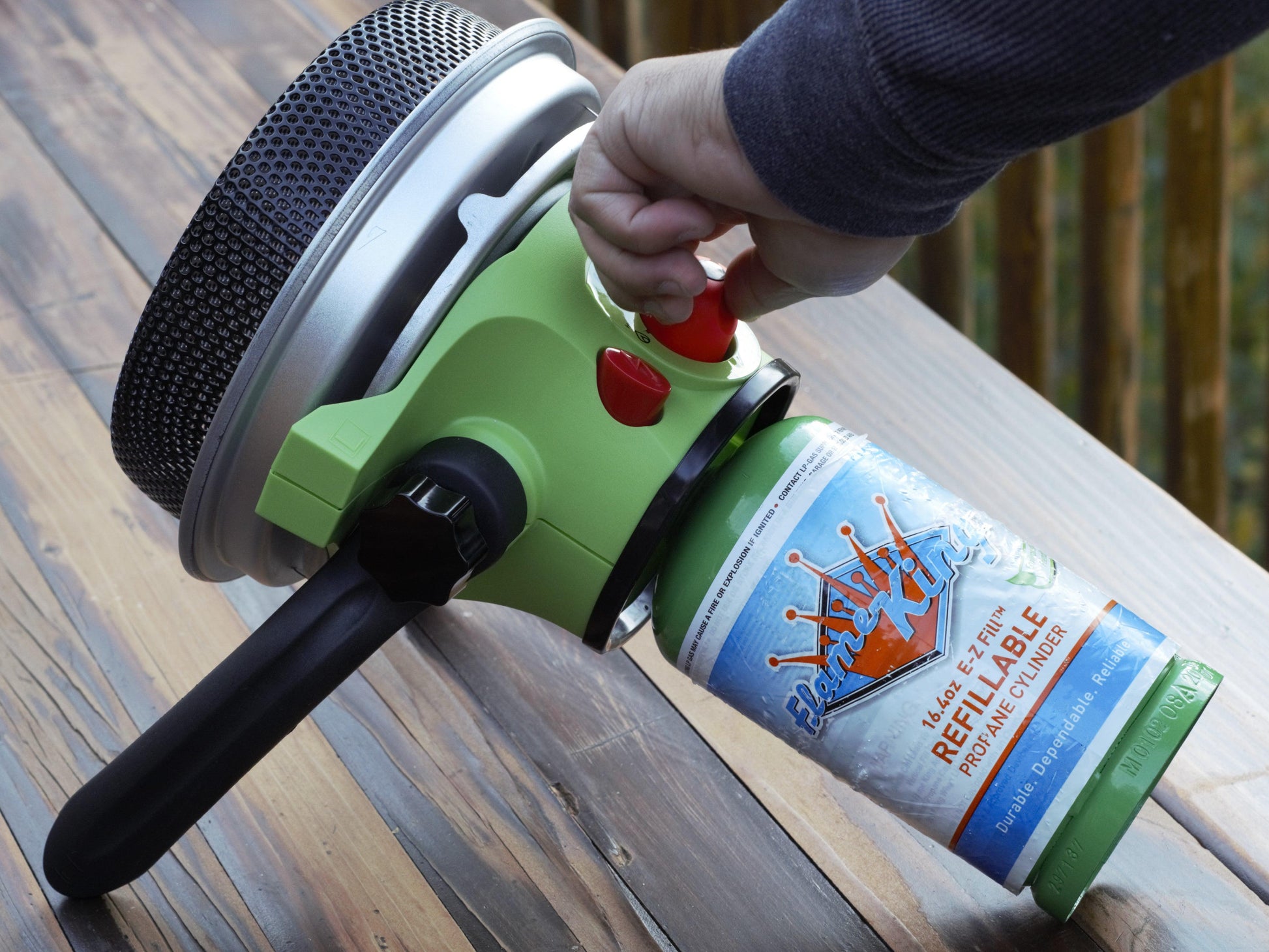 Flame King portable propane outdoor camping heater with piezo electric start, compact and ready for outdoor use
