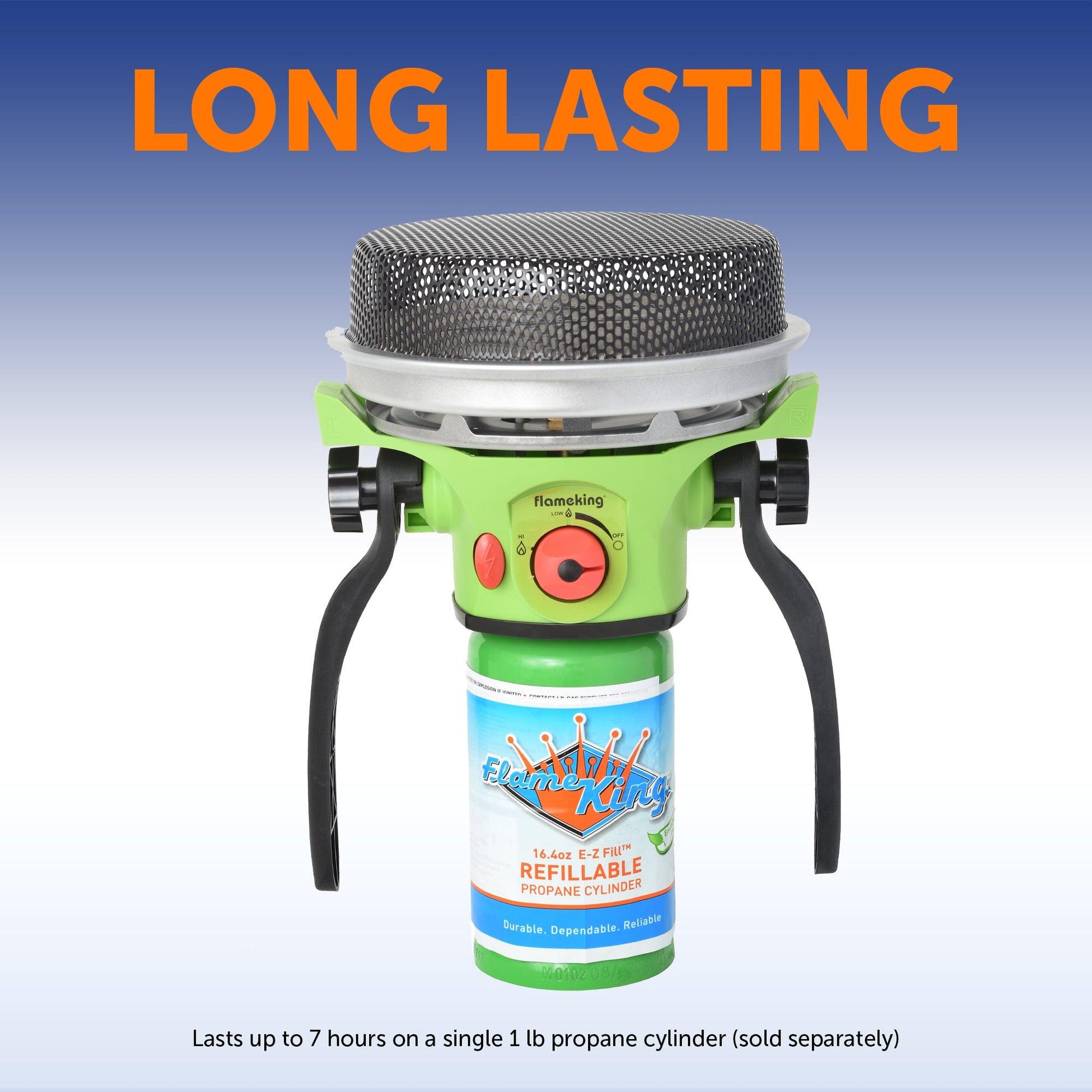 Flame King portable propane gas outdoor heater for camping with piezo electric start, compact and weather-resistant design.