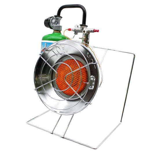 Portable Flame King burner cooker and heater for camping, featuring a compact design with control knobs and sturdy metal construction.