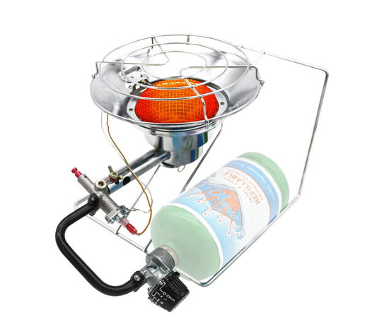 Portable Flame King burner and heater for camping, featuring a compact multi-use stove with control knobs and a sturdy metal frame.