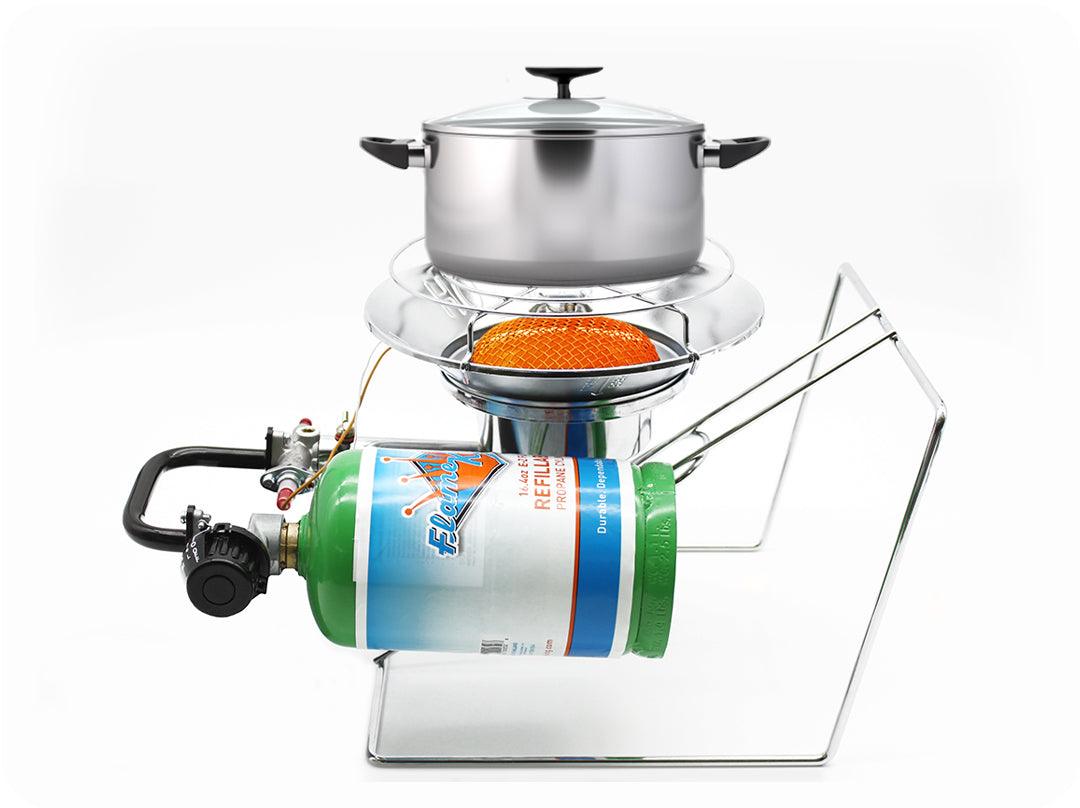 Portable Flame King burner cooker and heater, camping multi-use stove with adjustable flame and sturdy design.