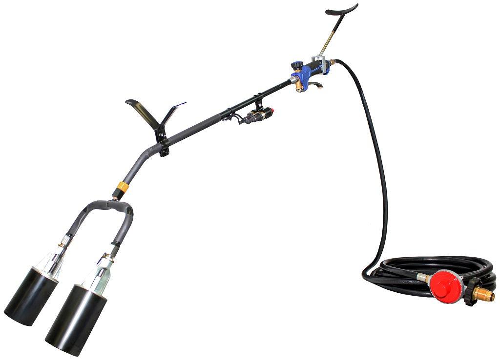 Flame King 500,000 BTU dual propane weed burner torch head for outdoor weed control and land clearing.