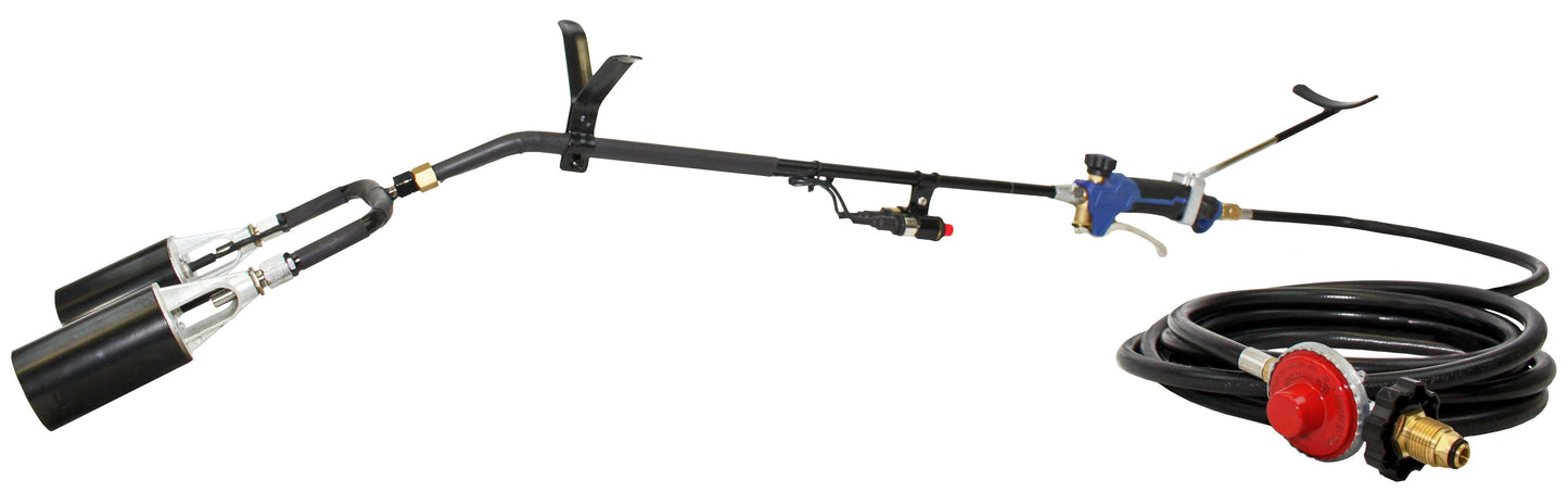 Flame King 500,000 BTU dual propane weed burner torch head for outdoor weed control and land clearing.