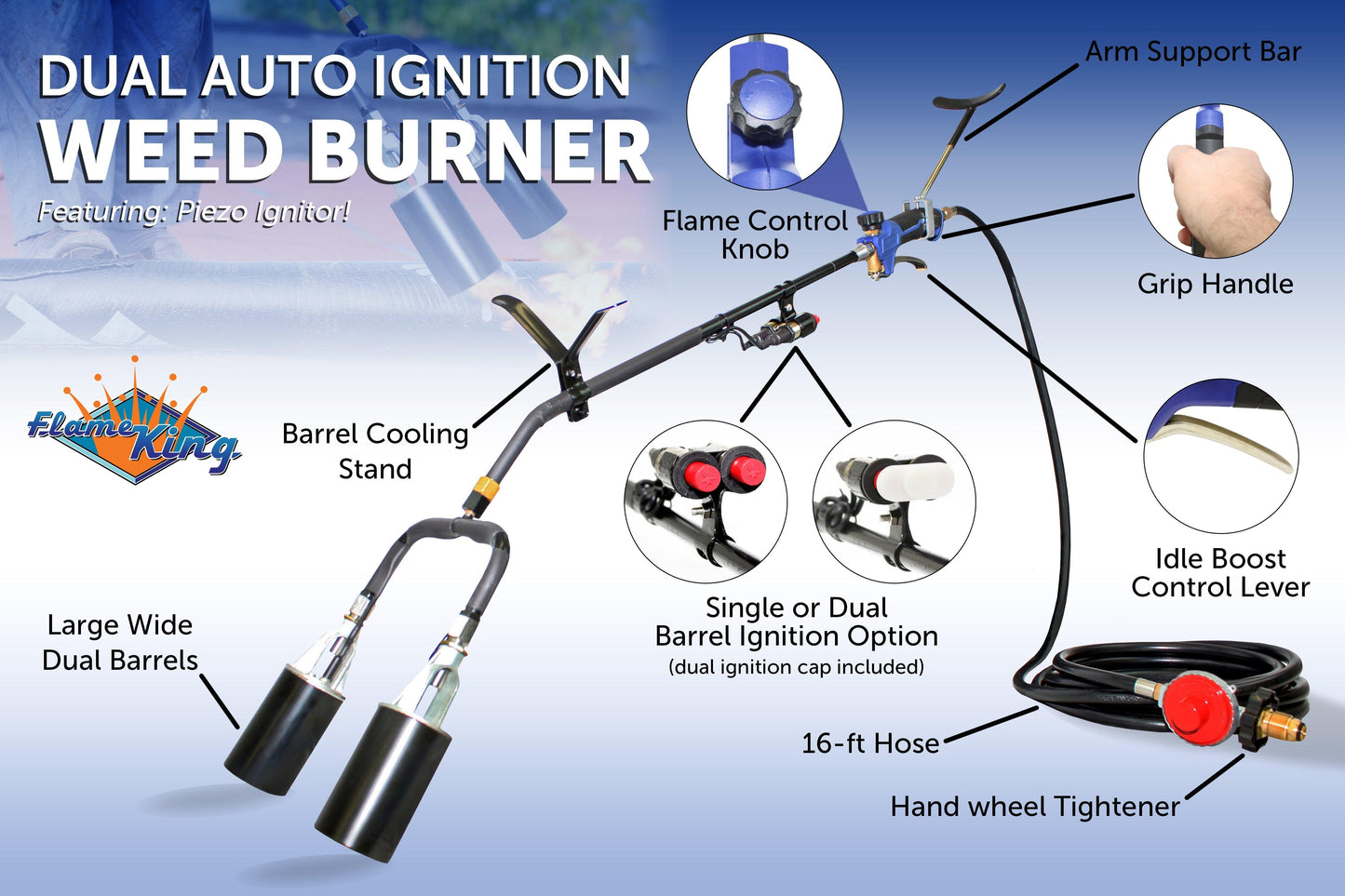 Flame King 500,000 BTU dual propane weed burner torch head for outdoor weed control and land clearing.