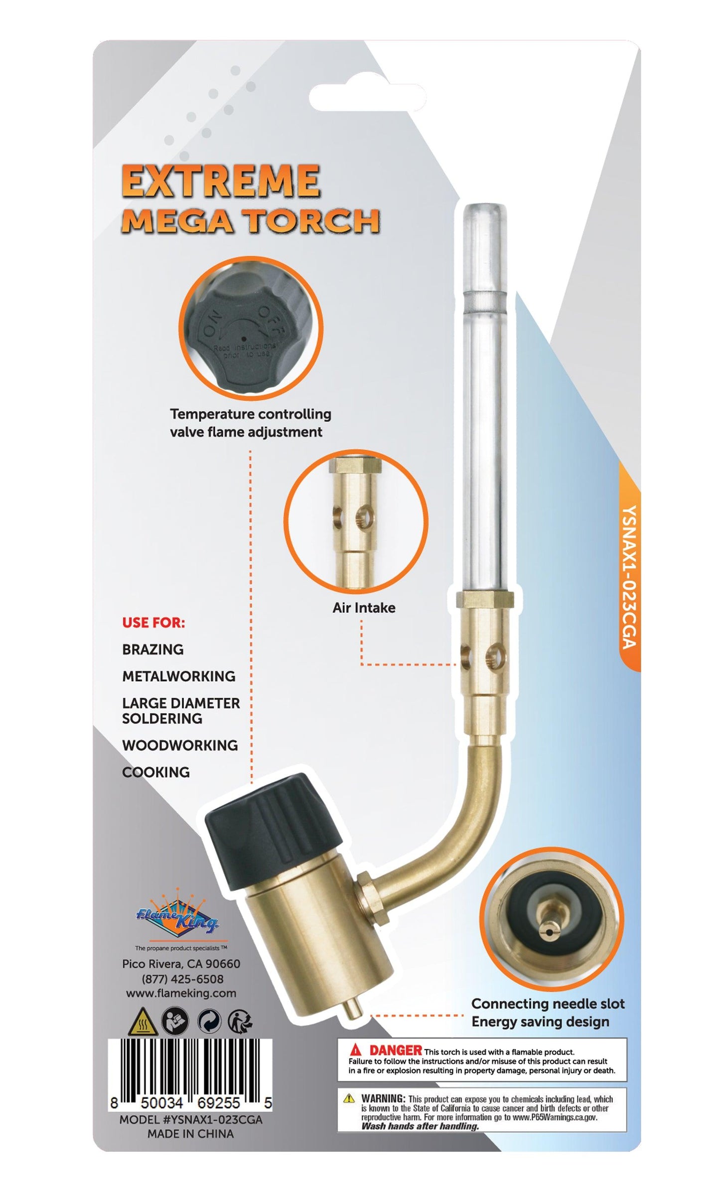 High-intensity Flame King propane torch head with swirl flame, designed for weed burning and outdoor lighting applications.
