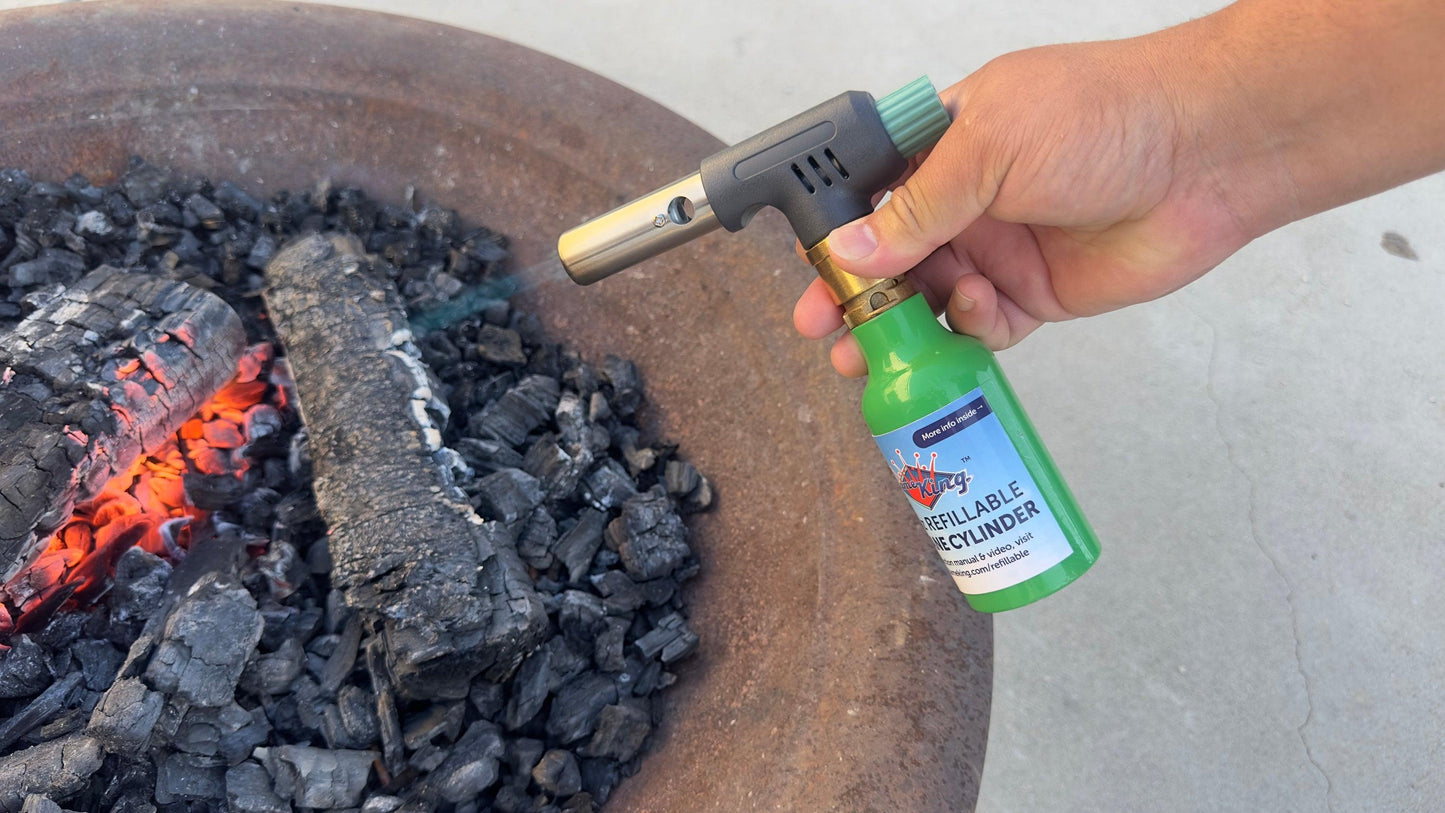Flame King Mini Propane Blow Torch Head with 10,000 BTU for kitchen use and soldering, shown with metal nozzle and handle.