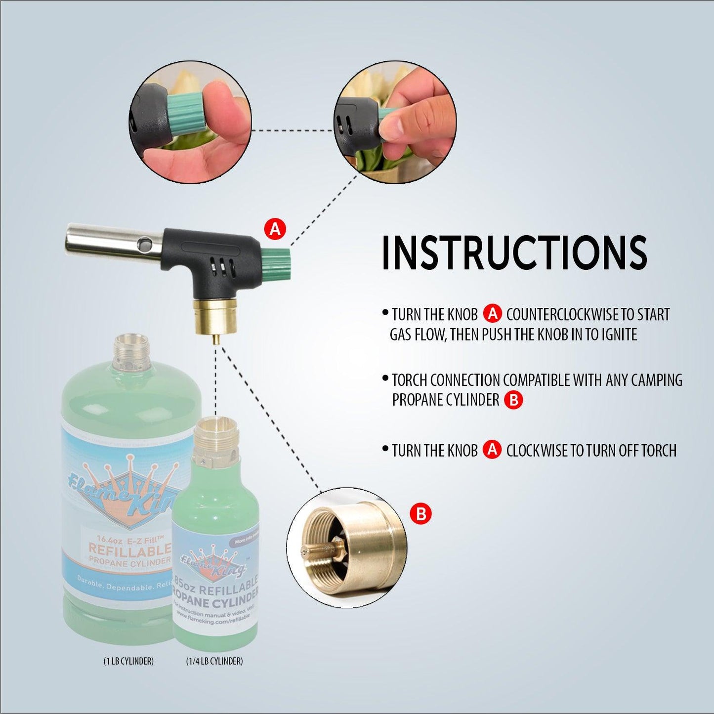 Flame King Mini Propane Blow Torch Head with 10,000 BTU, used for kitchen tasks and soldering, by Flame King Products.