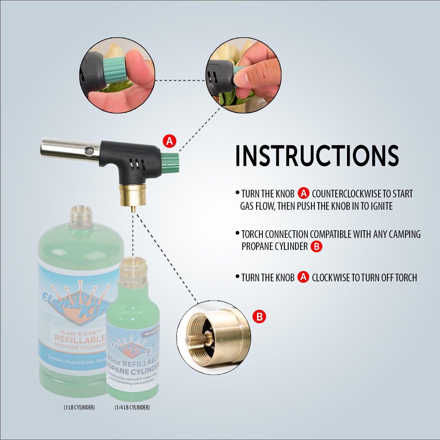 Flame King Mini Propane Blow Torch Head with 10,000 BTU, used for kitchen tasks and soldering, by Flame King Products.