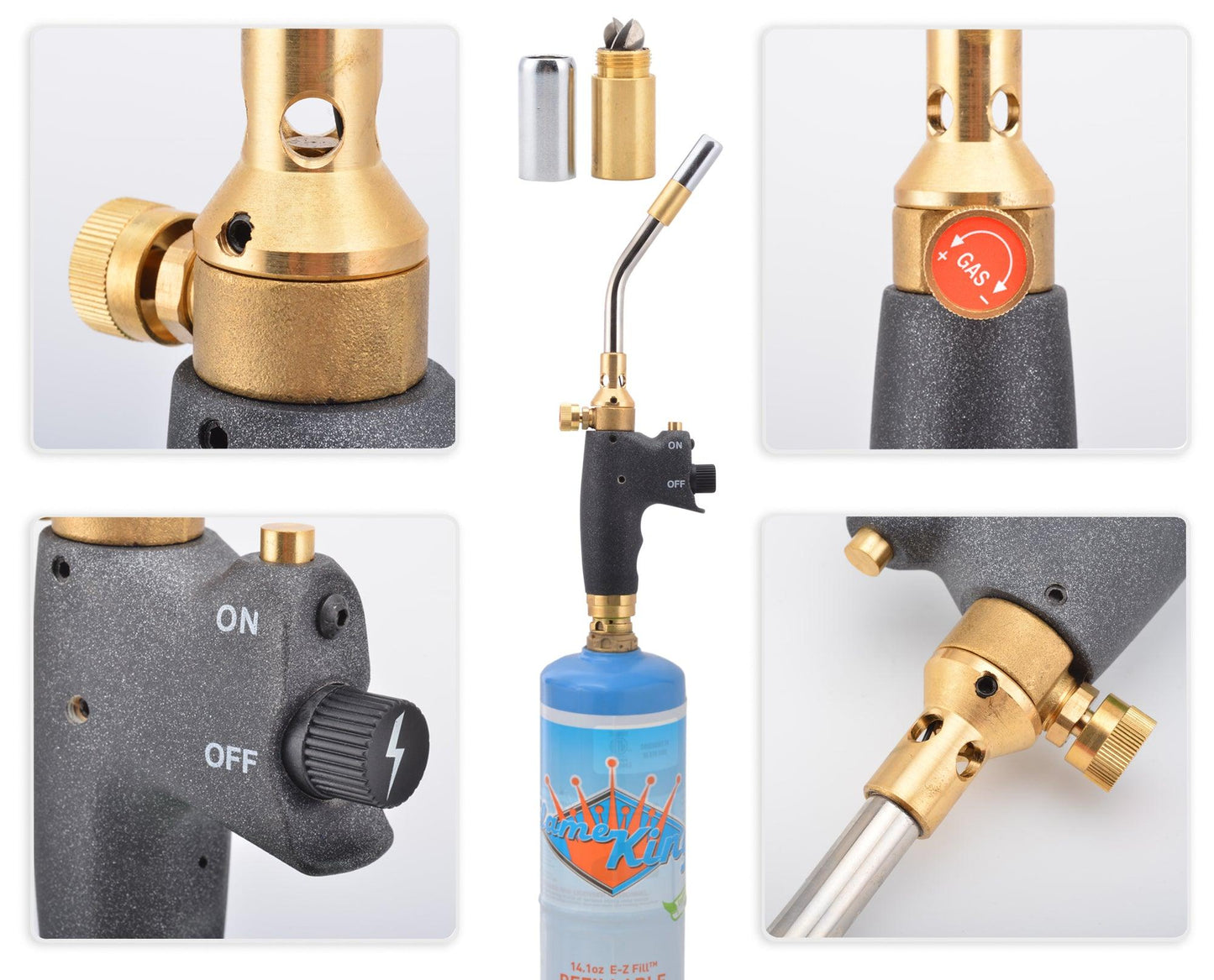 Flame King welding professional propane torch head with auto-ignition and max heat, used for weed burning and heavy-duty tasks.