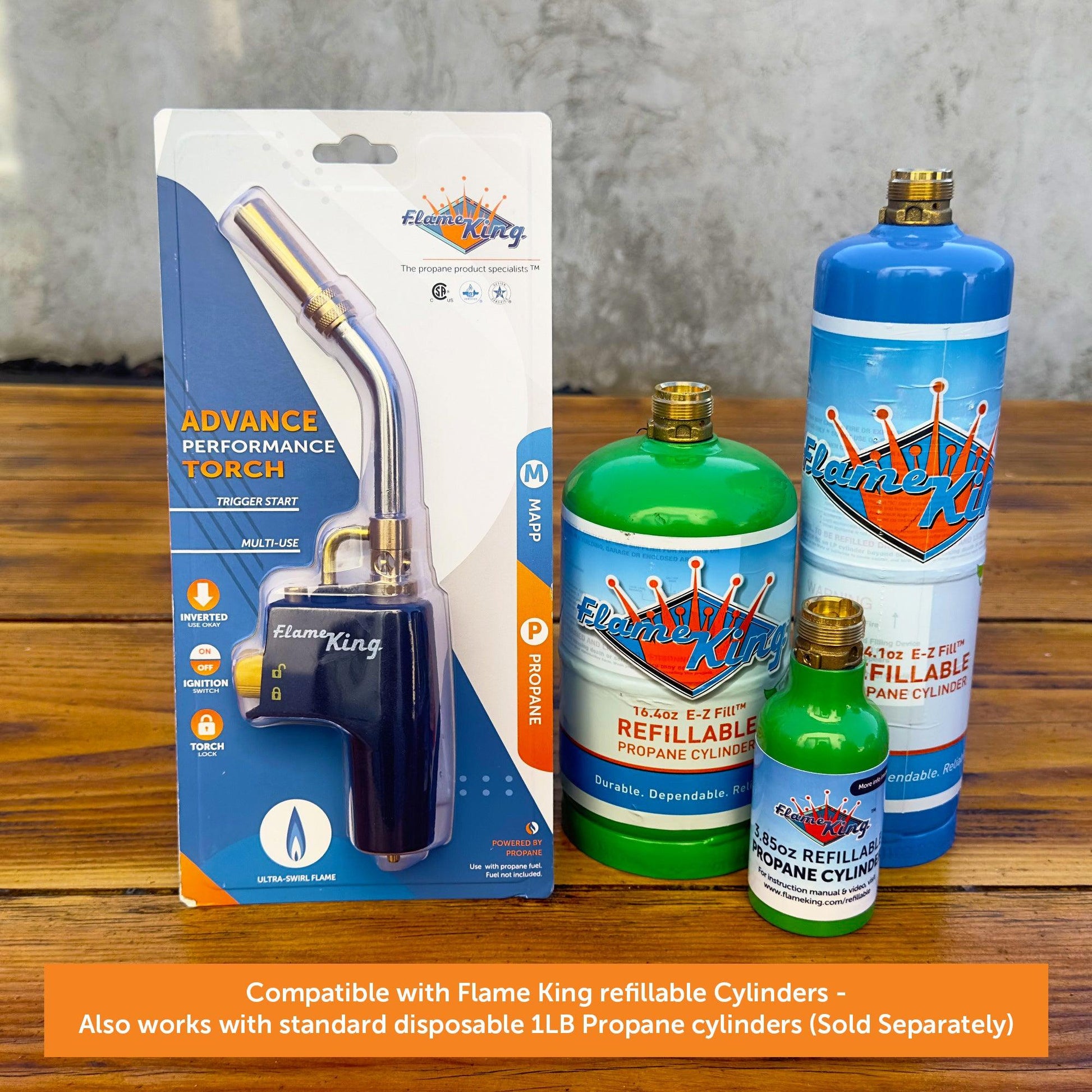 Flame King welding propane torch head with high intensity swirl flame, used for weed burning and outdoor heating applications