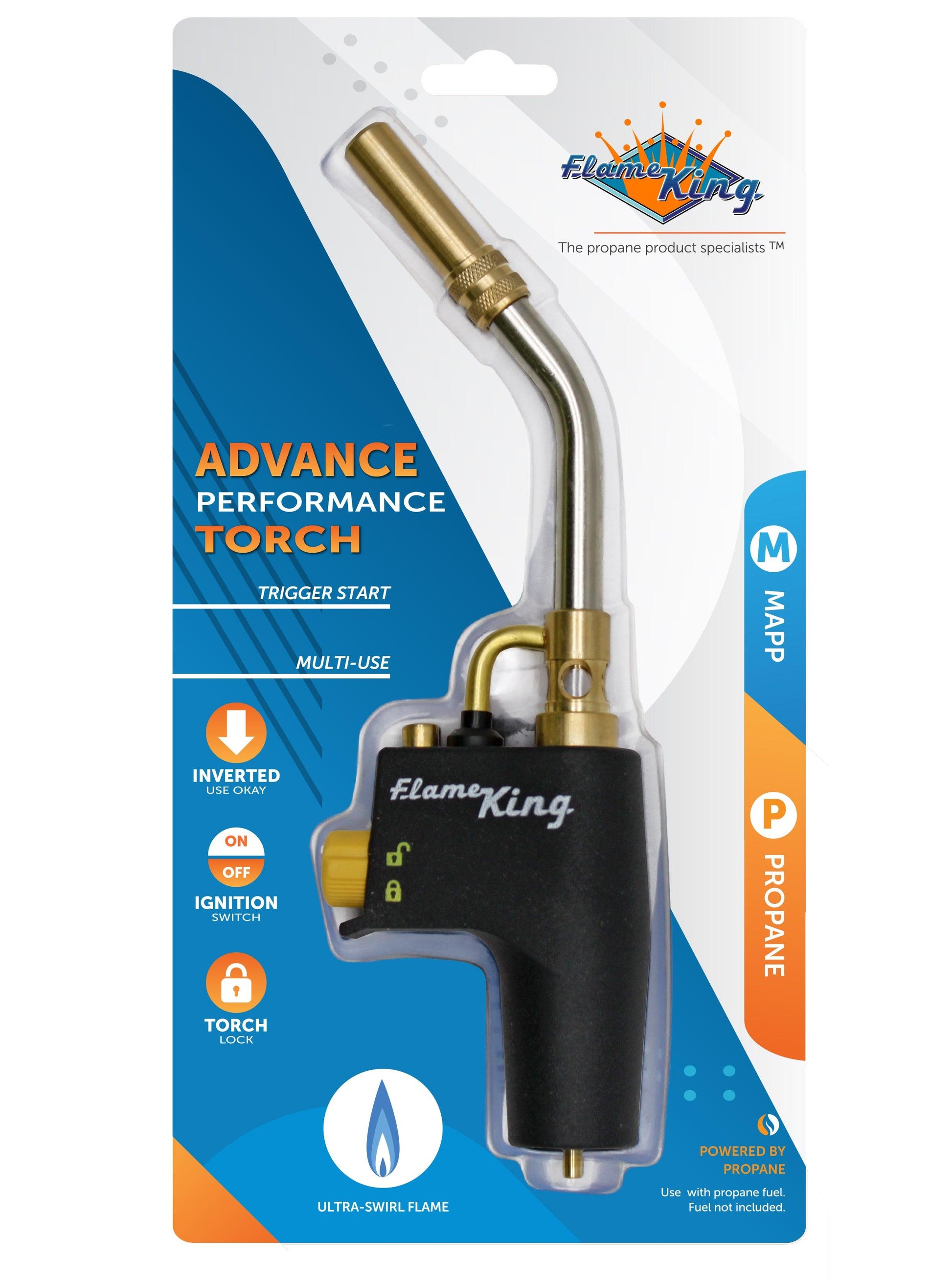 Flame King welding propane torch head with high-intensity swirl flame for weed burning and torch applications.