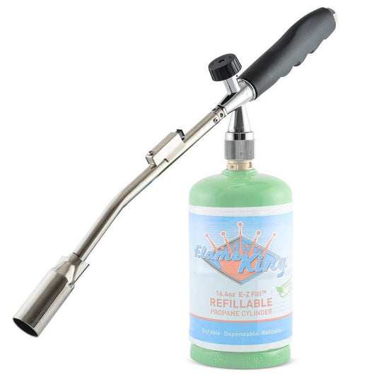 Flame King propane torch with gas ignitor, used for weed burning and outdoor heating, featuring a sturdy handle and adjustable flame.