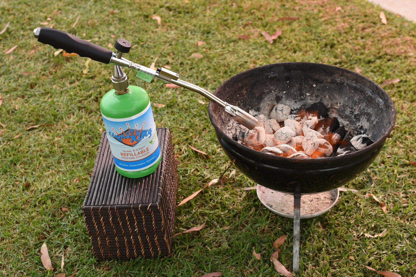 Flame King propane torch with gas ignitor, weed burner and torch for outdoor gardening and land clearing tasks.