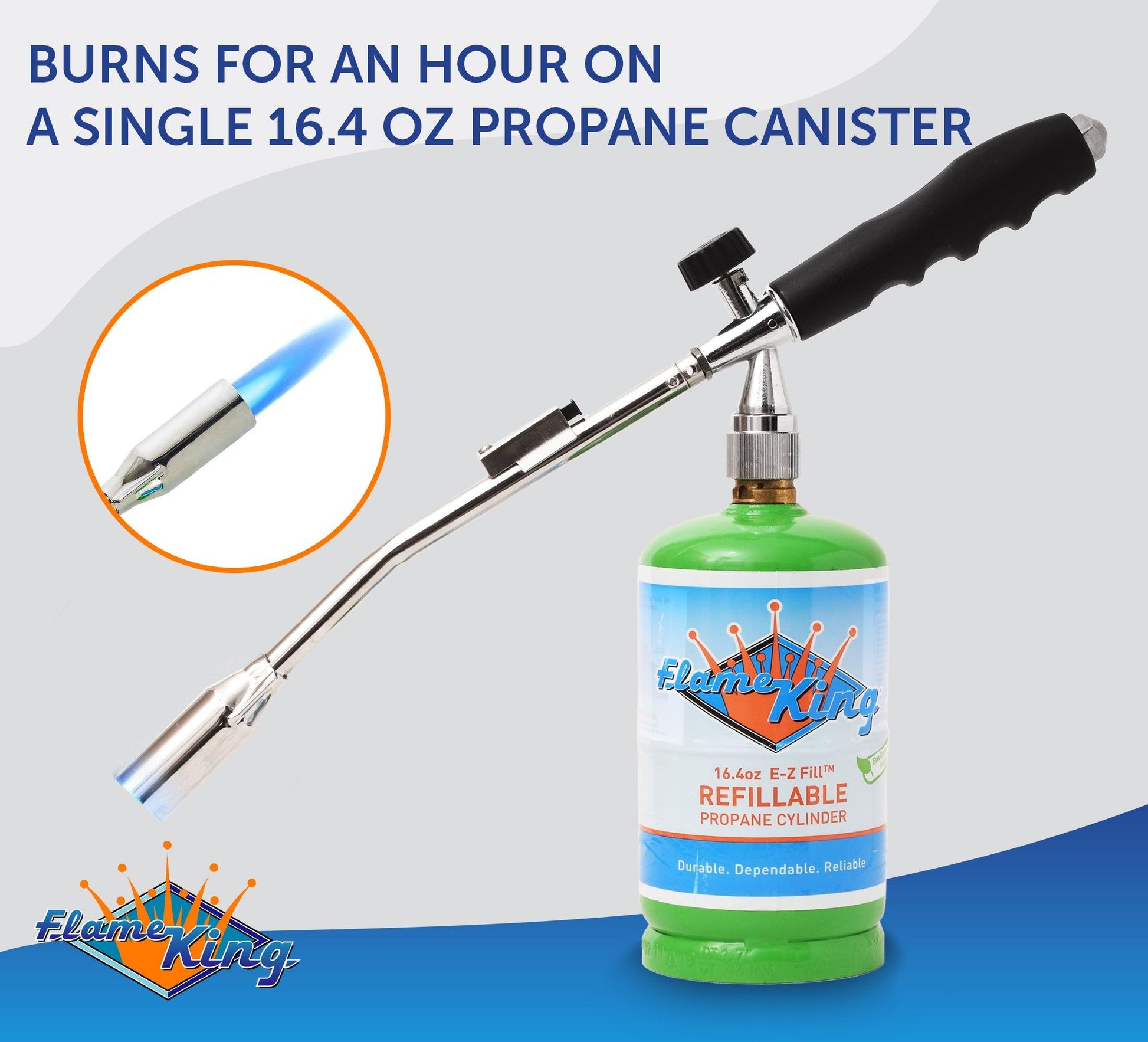Flame King propane torch with gas ignitor, handheld weed burner and torch for outdoor yard and garden use.