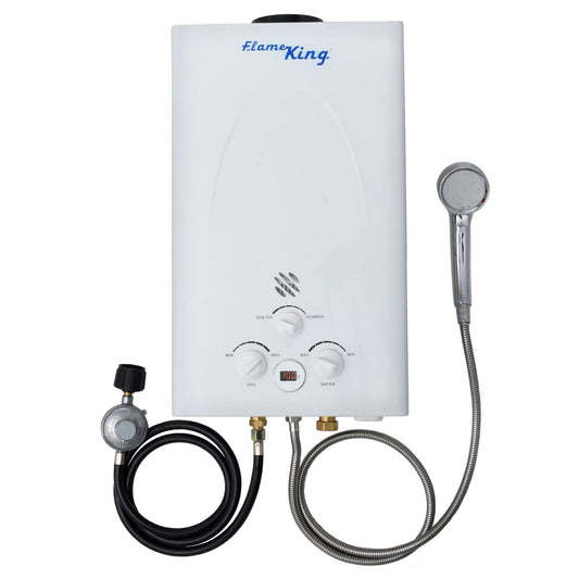 Flame King tankless outdoor camping hot shower water heater with propane gas, 10L capacity, 68,000 BTU, suitable for RVs and trailers.