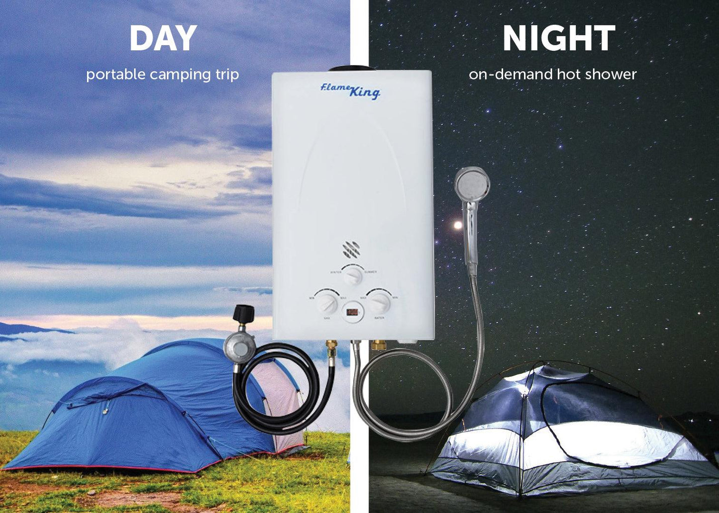 Flame King portable tankless outdoor camping hot shower with propane gas, 10L capacity, 68,000 BTU, suitable for RV and trailer use.