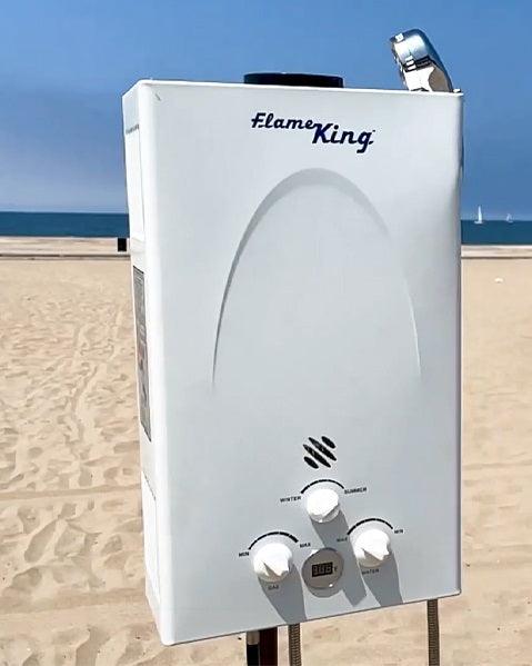 Flame King Tankless Outdoor Camping Hot Shower with propane gas, 10L capacity, RV & Trailer water heater, 68,000 BTU.