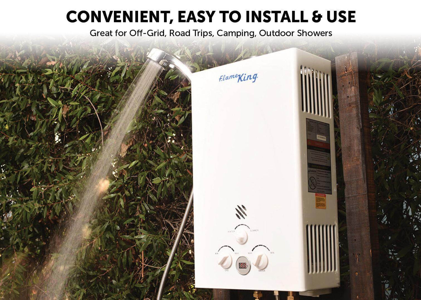 Flame King outdoor portable camping hot water heater with propane, 10L tank, 68,000 BTU for RV and trailer use.