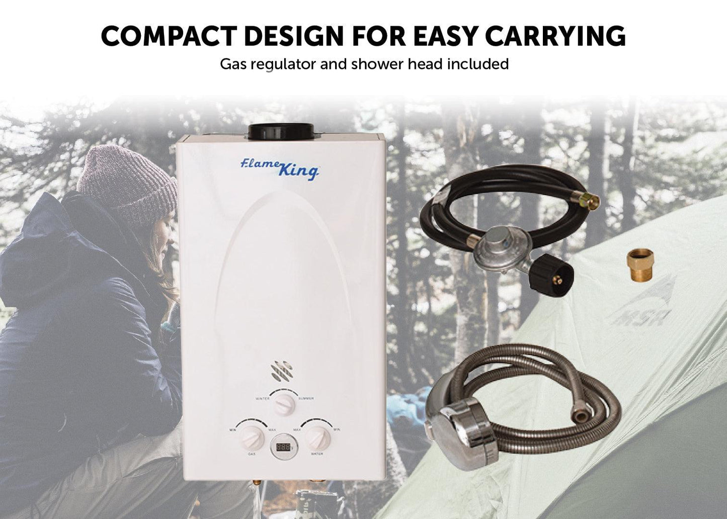 Portable Flame King tankless outdoor camping hot shower with propane, 10L capacity, 68,000 BTU water heater for RVs and trailers.