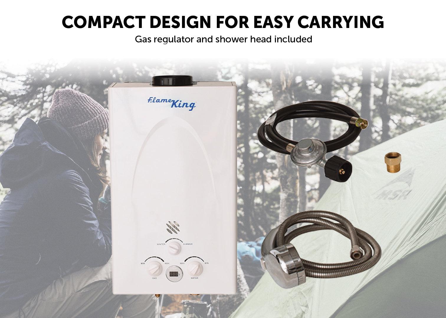 Portable Flame King tankless outdoor camping hot shower with propane, 10L capacity, 68,000 BTU water heater for RVs and trailers.