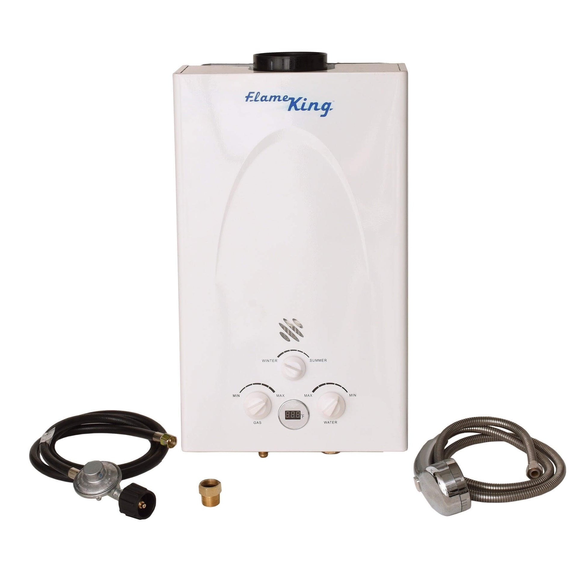 Flame King portable propane tankless outdoor camping hot water heater for RVs, 10L capacity, 68,000 BTU, water flow 2.64 GPM.