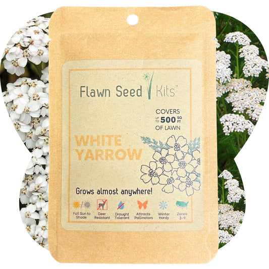 White Yarrow seed pouch from Flawn Seed Kits containing seeds and seed tape for planting, ideal for garden or landscape use.