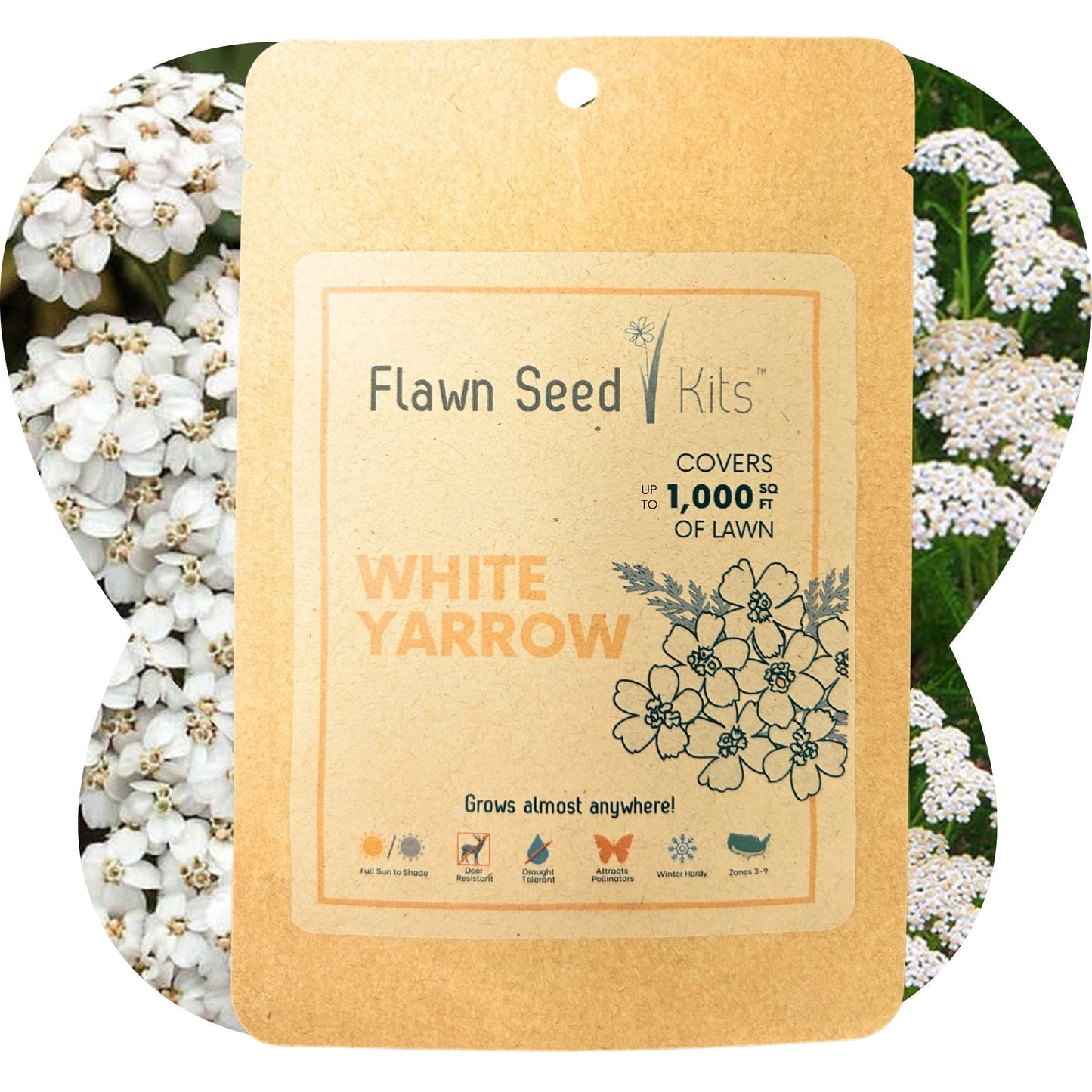 White Yarrow seed pouch from Flawn Seed Kits, containing seeds for planting in a seed tape for gardening or landscaping.
