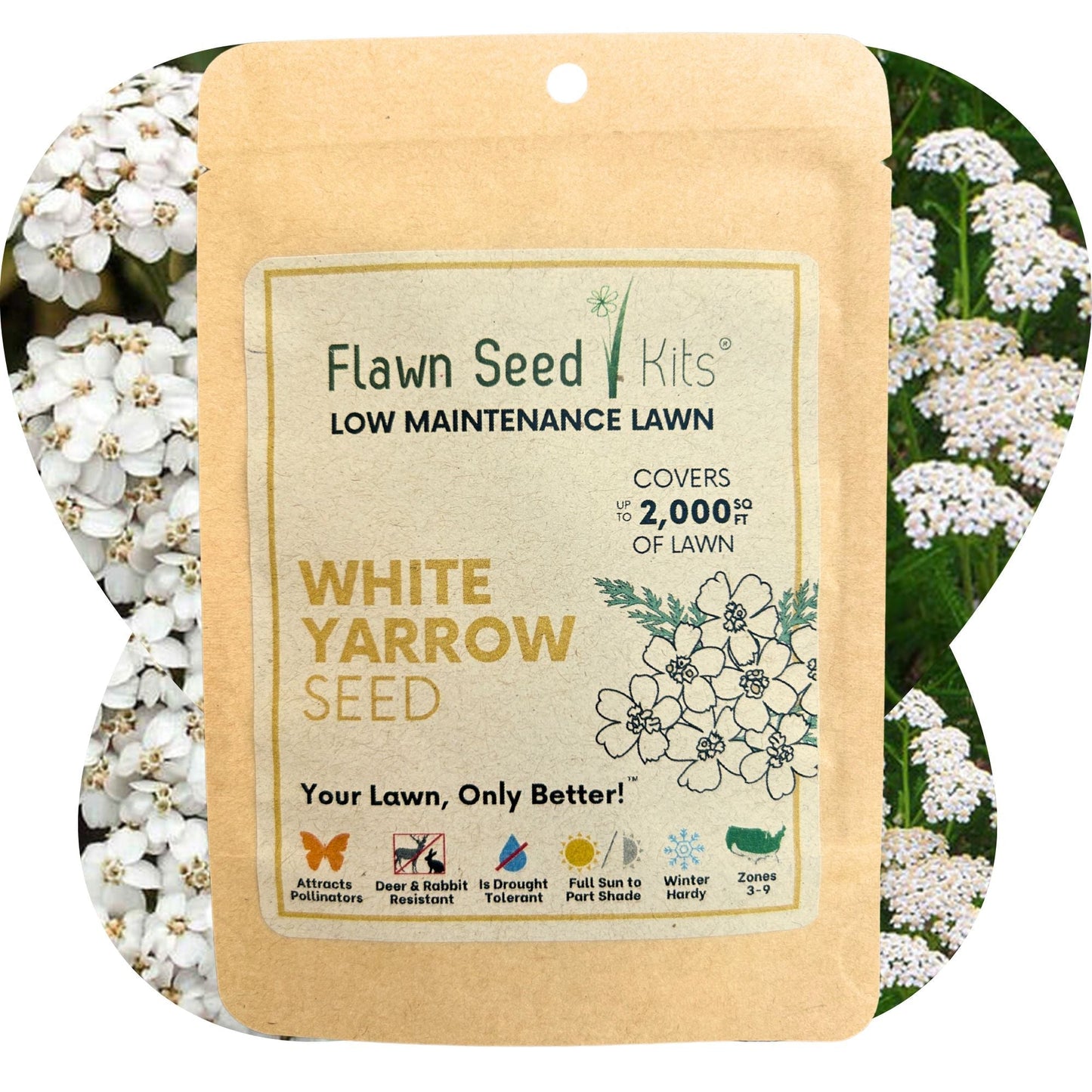 White Yarrow seed pouch from Flawn Seed Kits featuring seeds for planting in a 100 sq ft seed tape for garden growth.