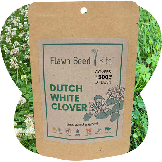 Dutch White Clover seed pouch from Flawn Seed Kits, containing seeds and seed tape for 100 sq ft of lawn or garden.