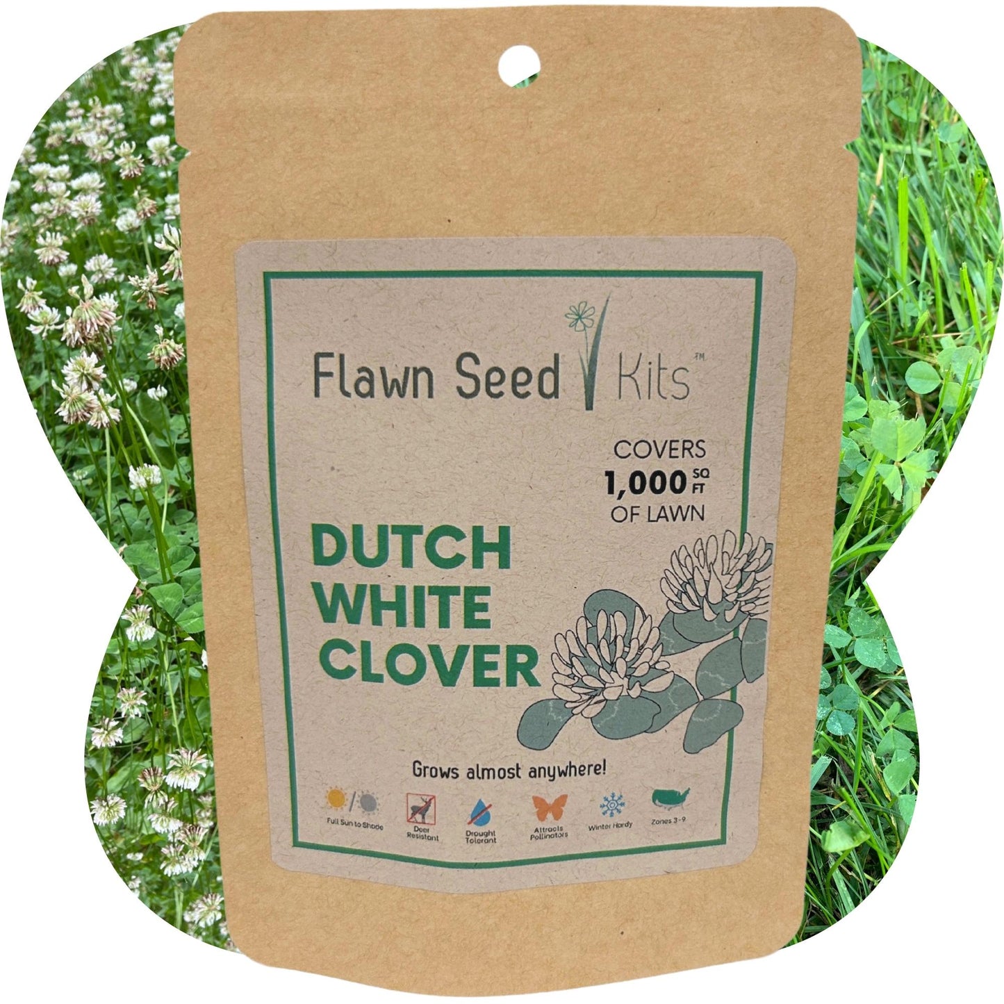 Dutch White Clover seed pouch from Flawn Seed Kits, 100 sq ft seed tape, 44 oz for planting lush clover lawns or ground cover.