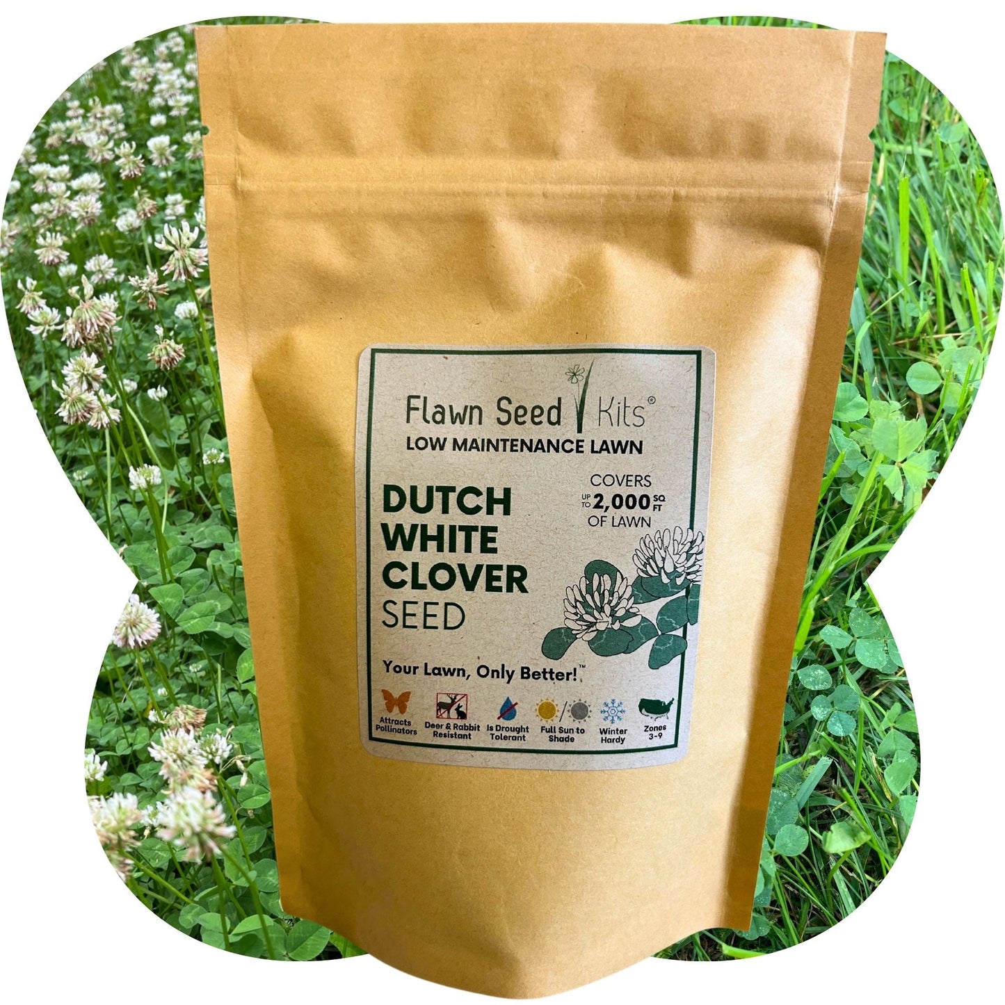 Dutch White Clover seed pouch from Flawn Seed Kits, 100 sq ft seed tape, showing white clover seeds ready for planting.