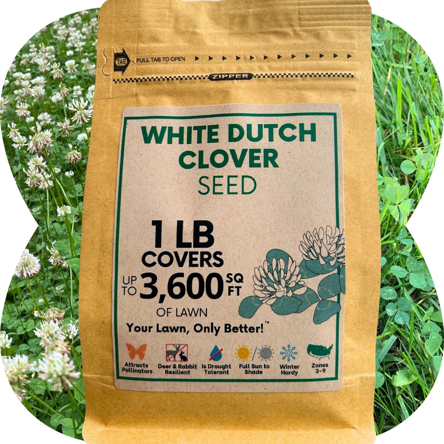 Dutch White Clover seed pouch from Flawn Seed Kits, 100 sq ft seed tape for lawn and garden planting.