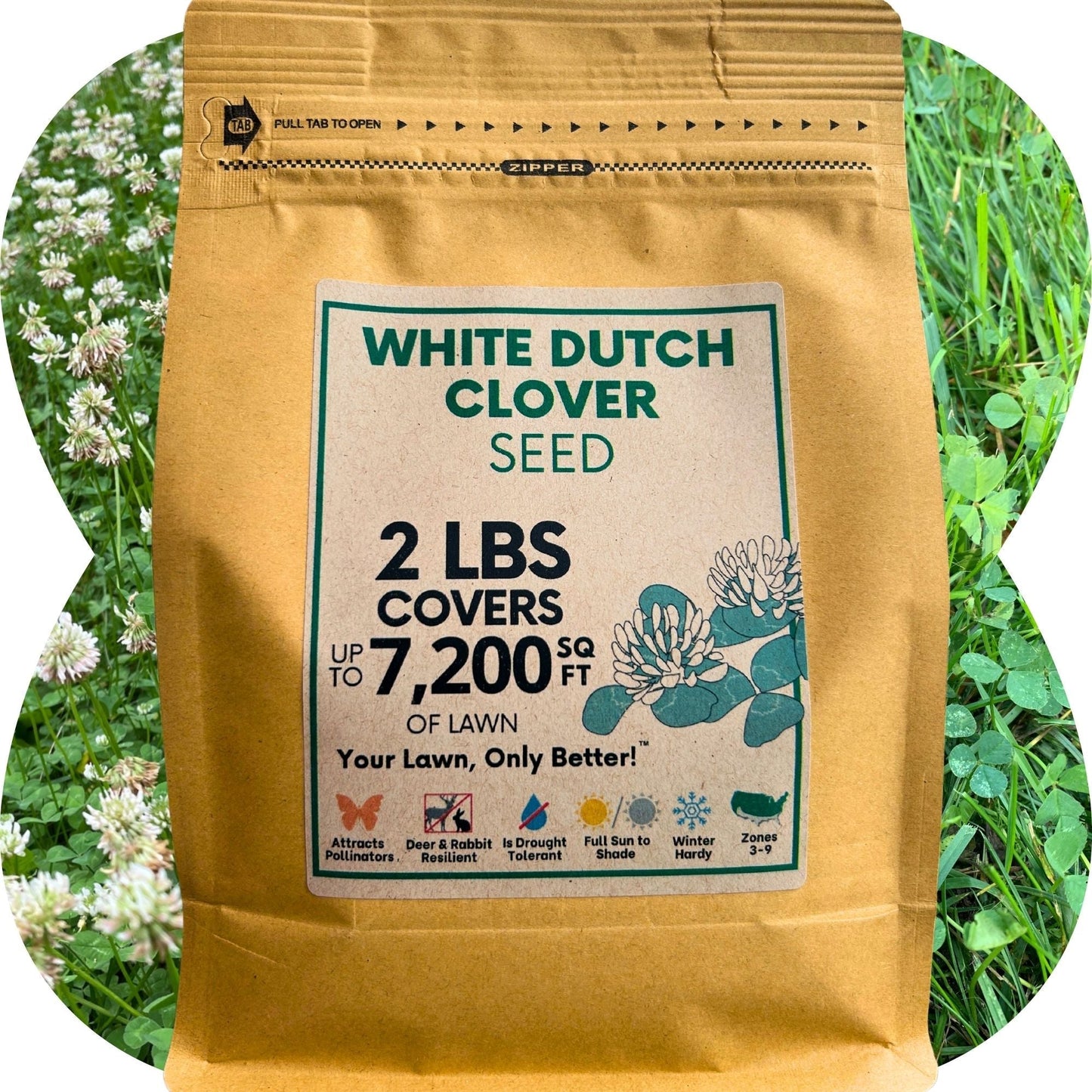 Dutch White Clover seed pouch from Flawn Seed Kits, 44 oz seed tape for gardening, ideal for lawns and ground cover.