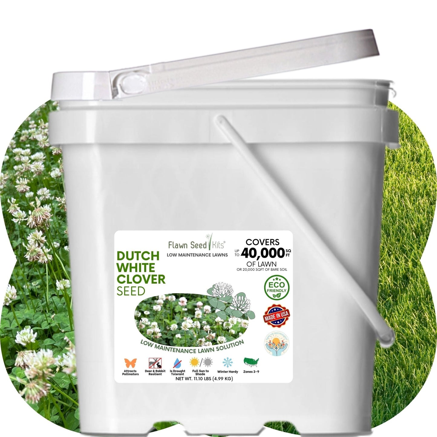 Dutch White Clover seed pouch from Flawn Seed Kits, 100 sq ft seed tape for lawns and ground cover.