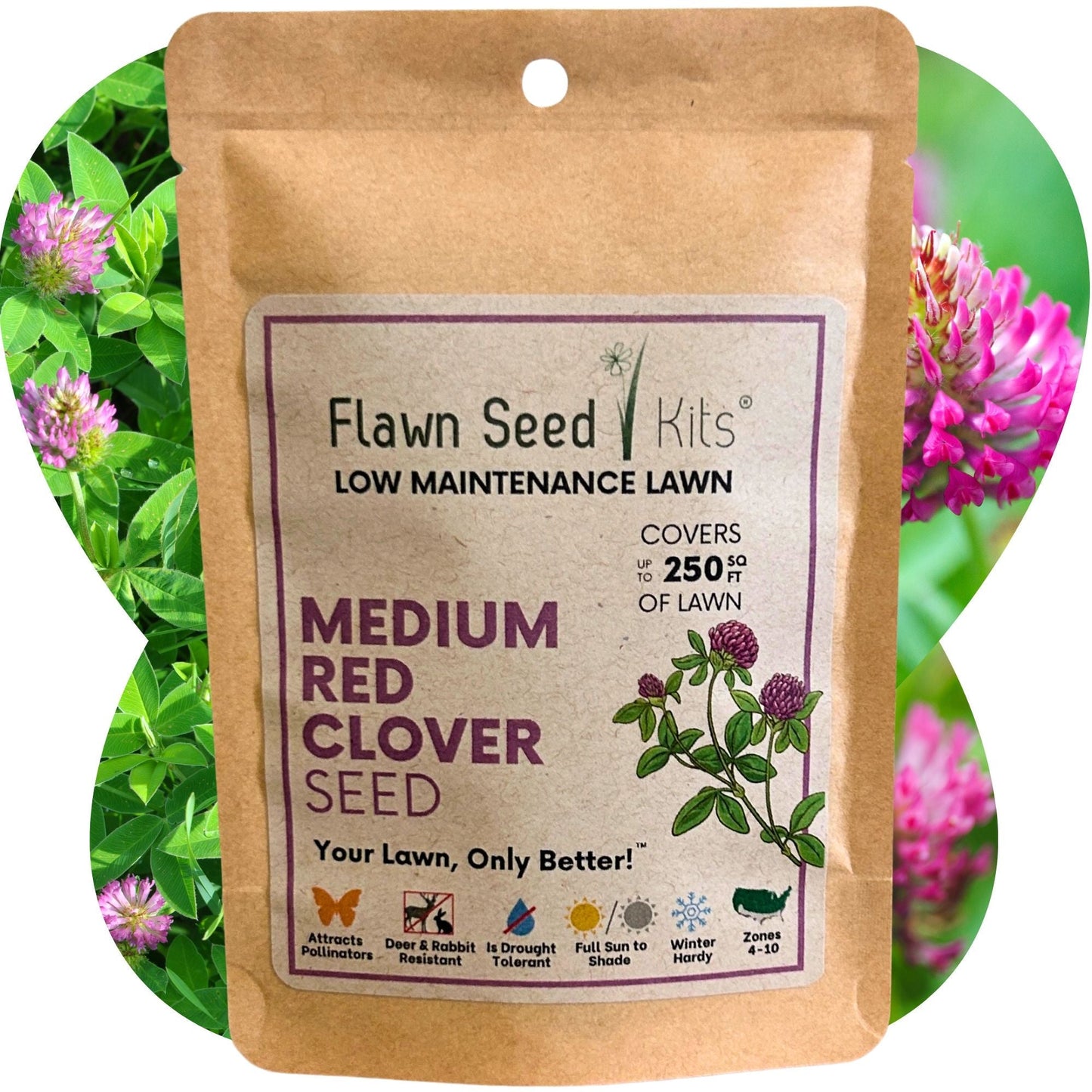 Medium red clover seed pouch from Flawn Seed Kits, containing seeds for planting on seed tape, suitable for garden or lawn.