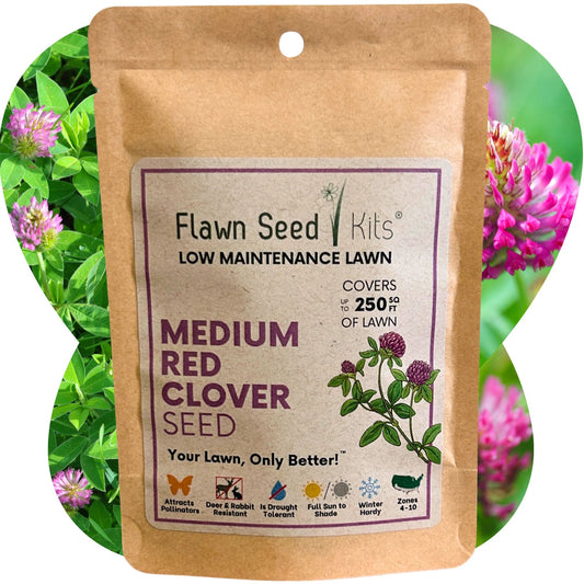 Medium red clover seed pouch from Flawn Seed Kits, featuring seeds and seed tape for planting in a 100 sq ft area.
