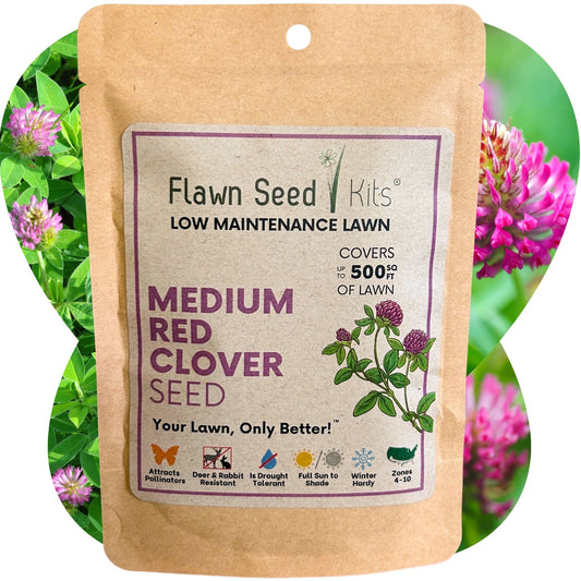 Medium red clover seed pouch from Flawn Seed Kits, containing seeds and seed tape for planting in a 100 sq ft area.