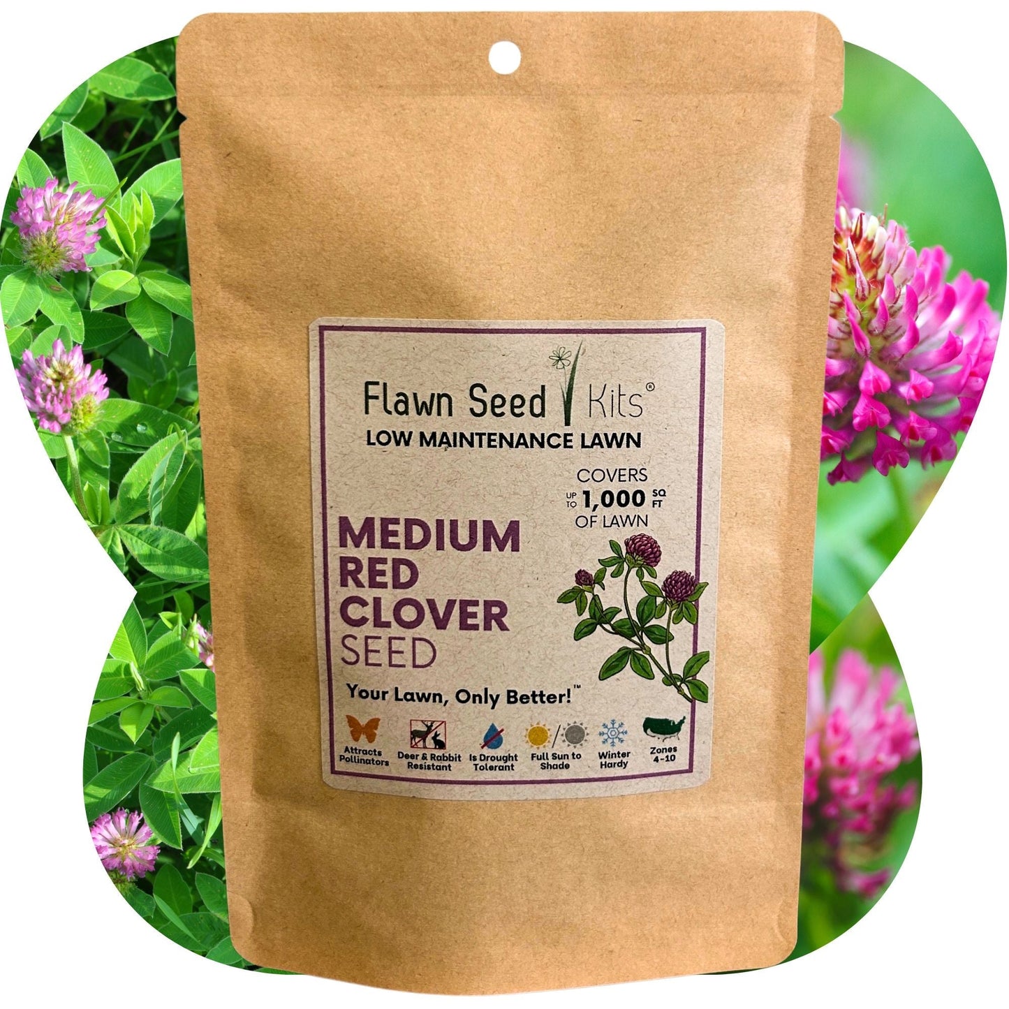 Medium red clover seed pouch from Flawn Seed Kits, containing seeds and seed tape for 100 sq ft of planting area.