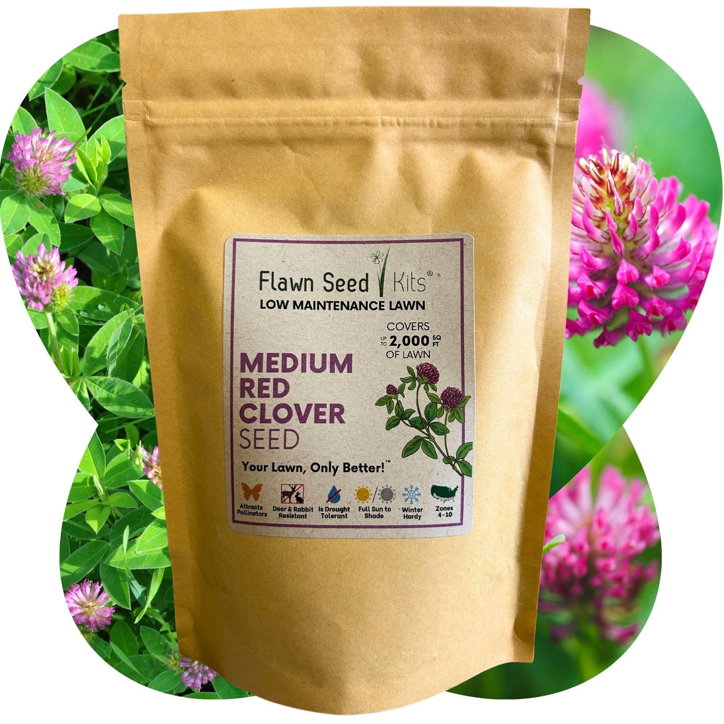 Medium red clover seed pouch from Flawn Seed Kits, containing seeds for planting with seed tape for 100 sq ft of ground.
