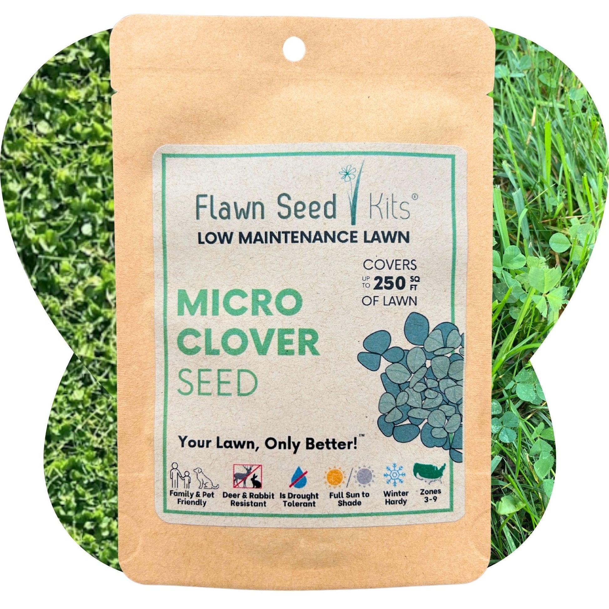 Micro clover seed pouches from Flawn Seed Kits, packaged for seeds and seed tape, ideal for lawn and garden planting.