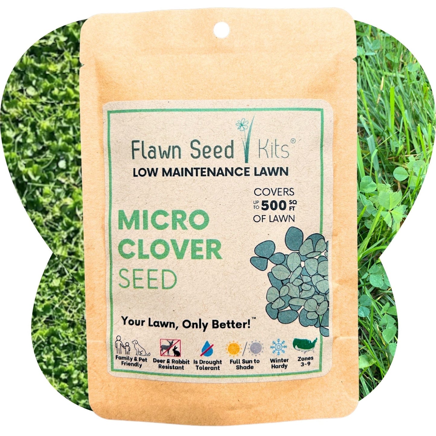 Micro clover seed pouches from Flawn Seed Kits, 100 sq ft seed tape for easy lawn or garden planting.